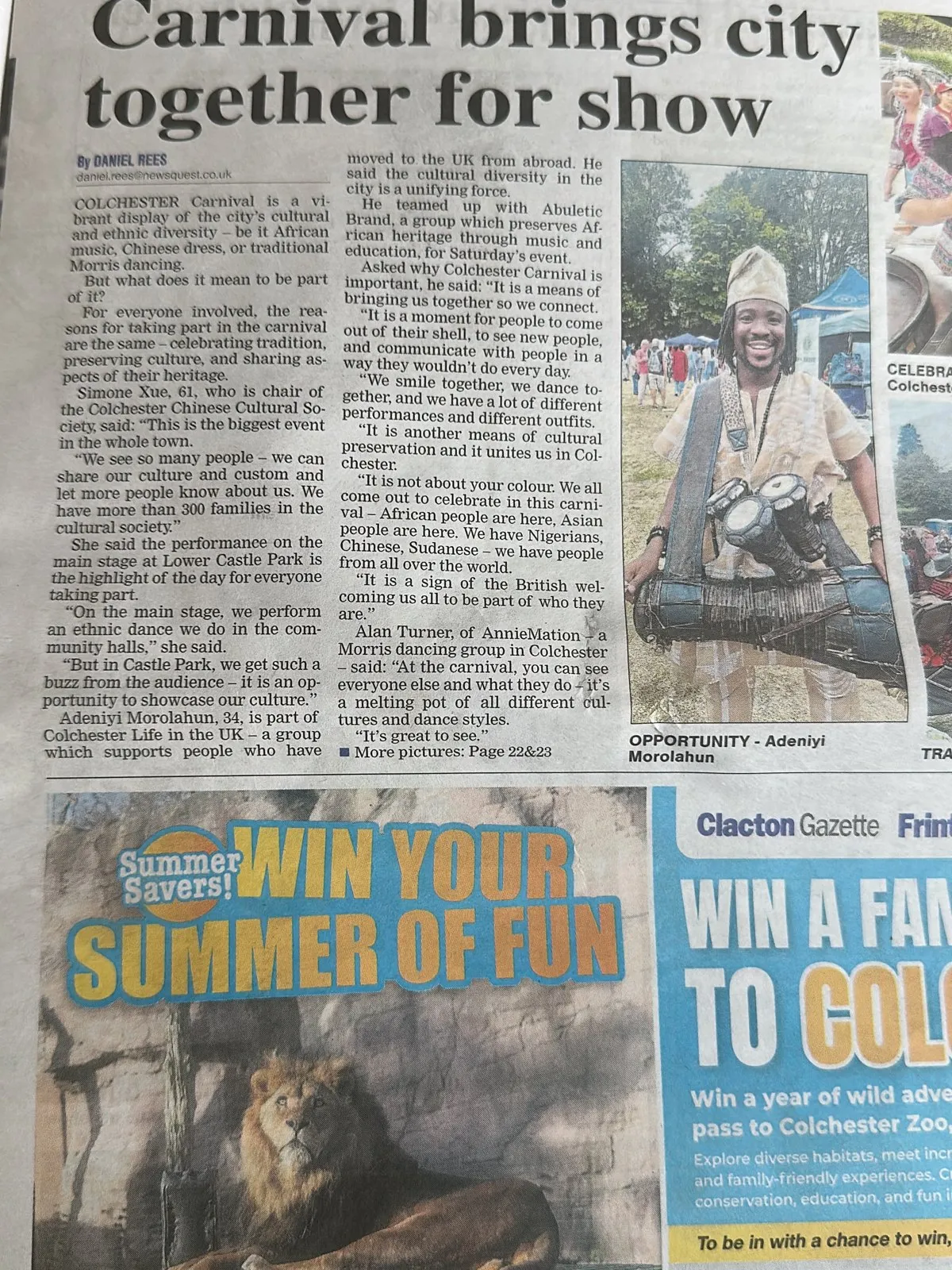 The Colchester Gazette report on Colchester Carnival 2026, with a photograph of the Abuletic King
